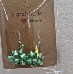 Handmade Green Metallic Bow Drop Earrings